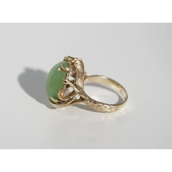 Vintage 10k Solid Gold Natural Untreated Apple Green Jadeite Jade Diamond Ring - Picture 10 of 14
